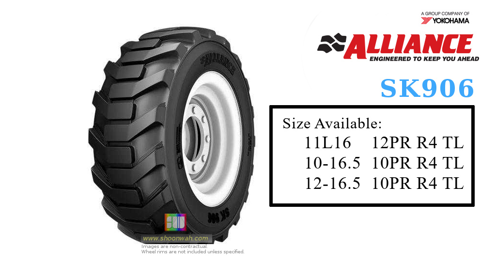11L-16 tires, 11L-16 Alliance 12PR 906 (R4) Backhoe Implement Tubeless tire